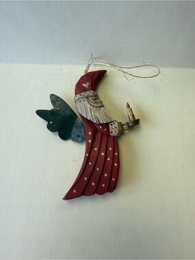 Vintage Hand Carved Wooden and Metal Winged Santa Claus Ornament.